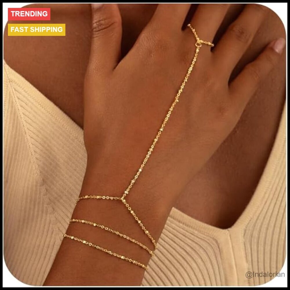 14K Gold Plated Hand Chain Bracelet Set Adjustable Dainty Body Jewelry